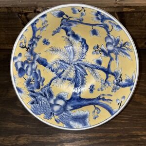 Elegant Decorative Bowl Canary Yellow With Blue Palms & Fruits Oriental Accent